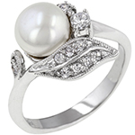 انگشتر مروارید طلا و جواهر زنانه با نگین مروارید سفید و برلیان طرح گل: مدل rgf1467