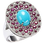 انگشتر طلا و جواهر زنانه نگین فیروزه، یاقوت قرمز و الماس تراش برلیان: مدل rgf1471