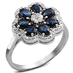 انگشتر طلا و جواهر با نگین یاقوت کبود و الماس تراش برلیان طرح گل: مدل rgf150090