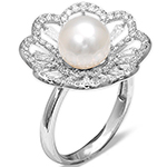 انگشتر گل طلای سفید با نگین مروارید و الماس تراش برلیان و باگت:مدل rgf1589