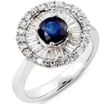 انگشتر زنانه طلا سفید و جواهر نگین یاقوت کبود و الماس تراش باگت و برلیان:مدل rgf1624