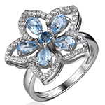 انگشتر گل دخترانه طلا سفید پر جلوه با نگین جواهر توپاز و برلیان:مدل rgf1646