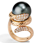 انگشتر طلا سفید زنانه با نگین مروارید و الماس تراش برلیان طرح مار :مدل rgf1659