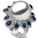 انگشتر طلا سفید زنانه با نگین مروارید، یاقوت کبود و الماس تراش برلیان:مدل rgf1669