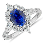 انگشتر جواهر طلای زنانه نگین یاقوت کبود و الماس تراش برلیان و اشک : مدل rgf1684 