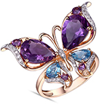 انگشتر طلا زنانه طرح پروانه جواهر نگین آمیتیست، توپاز و الماس تراش برلیان: rgf1792