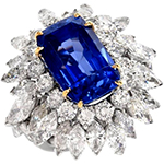 انگشتر طلا زنانه فاخر و اعیانی یاقوت کبود و الماس تراش برلیان و مارکیز مدل rgf1801