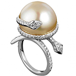 انگشتر مدل مار طلا و جواهر زنانه با نگین مروارید شیری و برلیان مدل: rgf1825