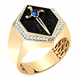انگشتر طلا مردانه لاکچری طرح شمشیر و جواهر یاقوت کبود و برلیان مدل rgm1704