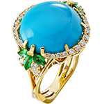 انگشتر طلا زنانه جدید فیروزه و سنگ جواهر زمرد سبز و برلیان سفید و طلا زرد 18 عیار مدل: rgf1856