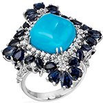 انگشتر طلا زنانه جدید فیروزه نیشابور، یاقوت کبود و برلیان طرح بالرین مدل: rgf1862