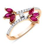 انگشتر طلا دو طرفه جدید رزگلد زنانه و جواهر شیک یاقوت سرخ مارکیز و برلیان مدل: rgf1867