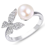 انگشتر طلا زنانه طرح پروانه جواهر نگین مروارید سفید و الماس تراش برلیان مدل: rgf1868