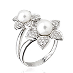 انگشتر زنانه طلا و جواهر با نگین مروارید و الماس تراش برلیان طرح گل: مدل rgf1427