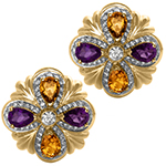 گوشواره طلا با نگین سیترین، آمتیس و الماس تراش برلیان مدل: edf1406