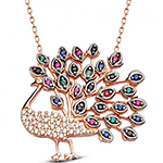 آویز طلا با نگین الماس تراش برلیان و سنگ های رنگی طرح طاووس مدل: npdf13112