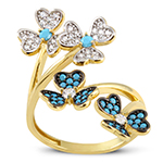 انگشتر طلای زنانه با نگین فیروزه و الماس تراش برلیان طرح گل:مدل rgf1547