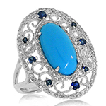 انگشتر طلای سفید با نگین فیروزه، یاقوت کبود و الماس تراش برلیان:مدل rgf1573