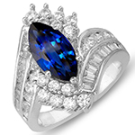 انگشتر طلا سفید با نگین یاقوت کبود، الماس تراش برلیان، باگت و پرنس مدل : rsf1027