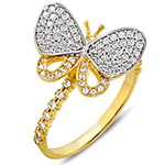 انگشتر زنانه طلای زرد و سفید با نگین الماس تراش برلیان طرح پروانه : مدل wrdf2144 