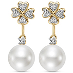 گوشواره جواهر مروارید و الماس تراش برلیان با طلای زرد طرح قلب مدل: edf1492