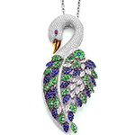 پلاک قو طلای سفید با نگین الماس تراش برلیان، یاقوت و زمرد طرح قو: مدل npdf13210