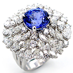 انگشتر بزرگ طلا سفید 18 عیار زنانه یاقوت کبود و الماس تراش برلیان، مارکیز و اشک:مدلrgf1679