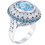 انگشتر توپاز آبی زنانه و الماس تراش برلیان با طلای سفید مدل: rgf1729