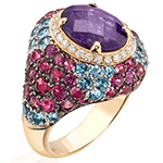 انگشتر مجلسی بزرگ طلا زرد آمیتیست، یاقوت قرمز، توپاز و برلیان مدل:rgf1750