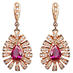 گوشواره طلا زنانه میخی رزگلد یاقوت قرمز و برلیان مدلedf1626