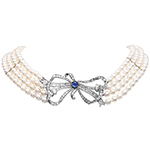 گردنبند رشته مروارید طلا زنانه، یاقوت کبود و برلیان و باگت مدل ndf166