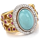 انگشتر طلا زنانه فیروزه 18 عیار و جواهر یاقوت سرخ و برلیان مدلrgf1830