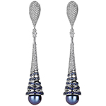 گوشواره مروارید و طلا سفید زنانه جواهر آویزان با نگین الماس تراش برلیان سیاه و سفید مدل: edf1680