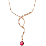 گردنبند طلا رزگلد زنانه جدید جواهر یاقوت سرخ و الماس تراش برلیان طرح پیچی مدل ndf181