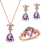 نیم ست آویز گوشواره و انگشتر آمیتیست و برلیان با طلای رز گلد مدل: hsdf1196