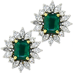 گوشواره گل پشت میخی طلا 18 عیار جواهر با نگین زمرد و الماس تراش مارکیز مدل: edf1184