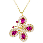 پلاک طلای زرد با نگین الماس تراش برلیان و یاقوت قرمز طرح پروانه: مدل npdf13141