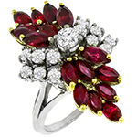 انگشتر طلای سفید زنانه با نگین یاقوت قرمز مارکیز و الماس تراش برلیان:مدل rgf1662