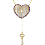 گردنبند طلا و جواهر با نگین آمیتیست و الماس تراش برلیان طرح قلب و کلید مدل: ndf1347
