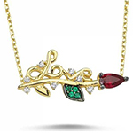 گردنبند عشق طلا با نگین زمرد ، یاقوت قرمز و برلیان طرح love مدل: ndf1356