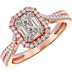 حلقه ازدواج زنانه باگت با طلا رزگلد و جواهر بسیار لاکچری و خاص نگین الماس تراش برلیان و باگت مدل: RDF1155