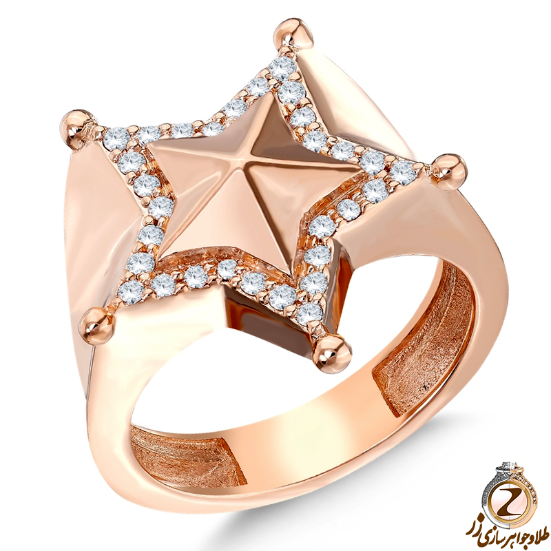 خرید و قیمت انگشتر الماس زنانه طلا رزگل 18 عیار طرح ستاره بزرگ و مجلسی با نگین جواهر برلیان - سایت زر