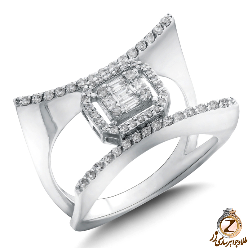 مشخصات خرید  انگشتر الماس تراش برلیان و باگت طرح مدرن و شیک زنانه طلا سفید 18 عیار - سایت زر