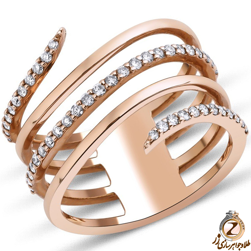 خرید انگشتر الماس تراش برلیان زنانه طلا رزگلد 18 عیار طرح پیچیده مینیمال و خاص - سایت زر