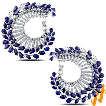 خرید گوشواره حلقه ای جدید طلا سفید جواهر یاقوت آبی و برلیان  به همراه لیست قیمت در سایت زر