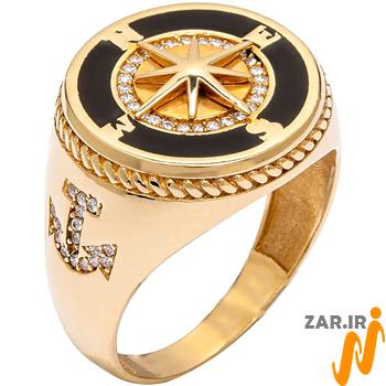 خرید انگشتر طلا مردانه لنگر با جواهر الماس تراش برلیان و میناکاری به همراه قیمت در سایت زر