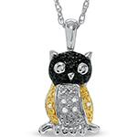 آویز جغد کودکانه طلا سفید با نگین الماس سیاه و سفید مدل: gdc1042