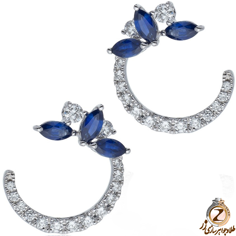 خرید و قیمت گوشواره پشت میخی طلا سفید زنانه جدید و جواهر یاقوت کبود و برلیان طرح نیم دایره - سایت زر