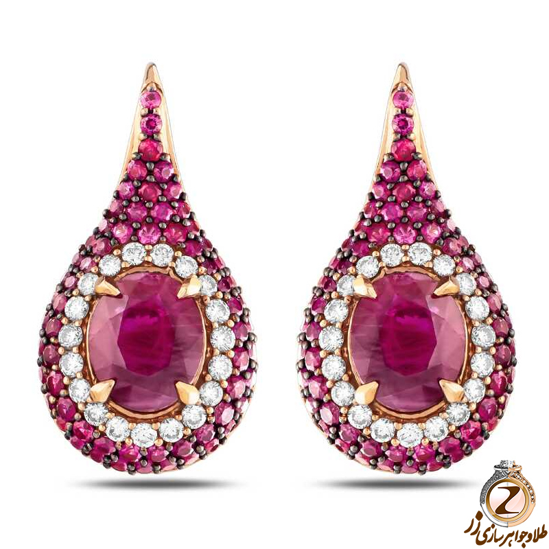 خرید و قیمت گوشواره طلا جدید زنانه جواهر یاقوت سرخ و برلیان سفید پشت عصایی - سایت زر