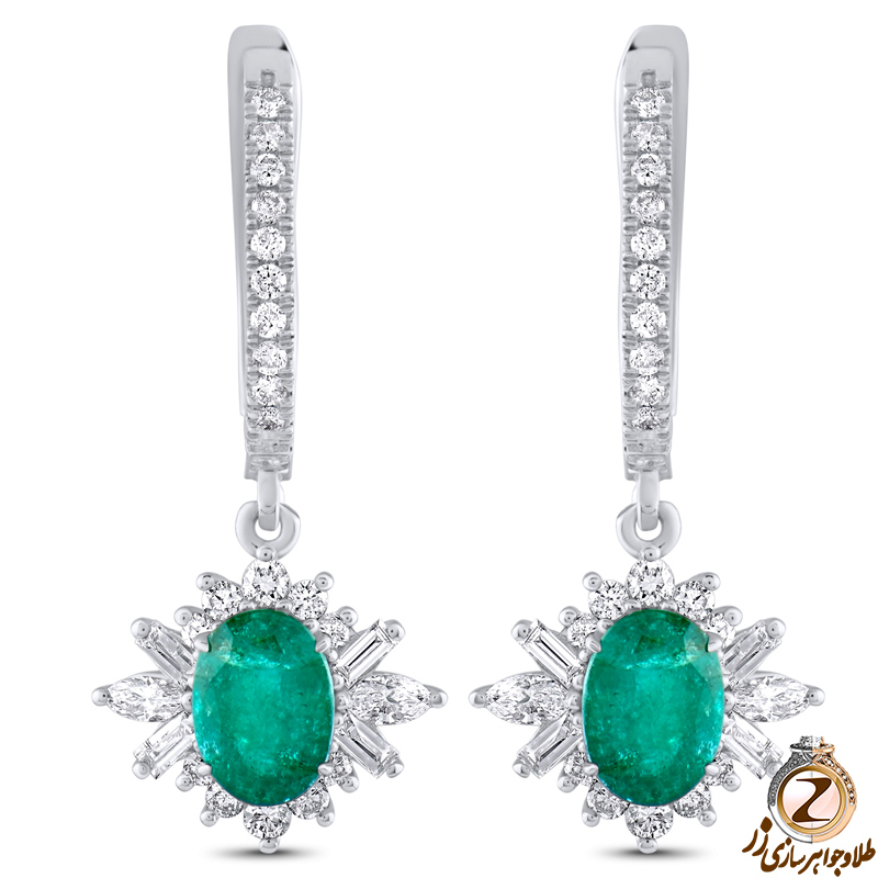 خرید و قیمت گوشواره کلیپسی طلا جدید زنانه جواهر زمرد و الماس تراش باگت و برلیان طرح خاص - سایت زر